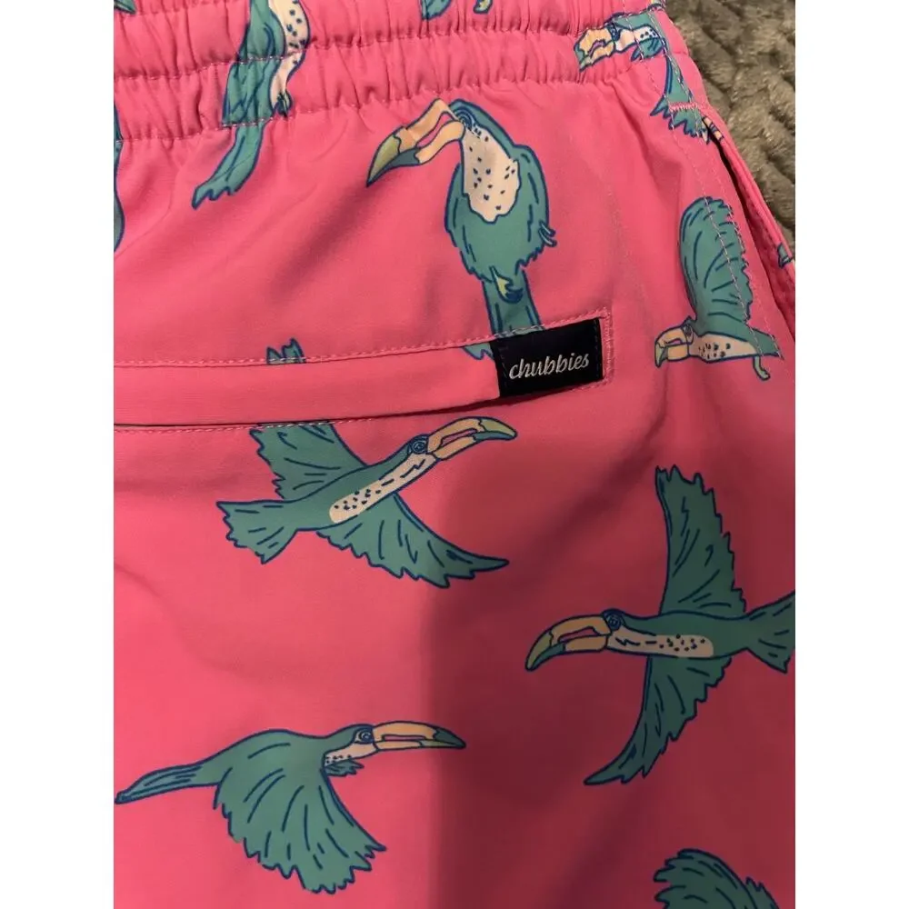 Chubbies Swim Trunks Men's XL Pink Toucan Print Mesh Lined Surfing Drawstring
